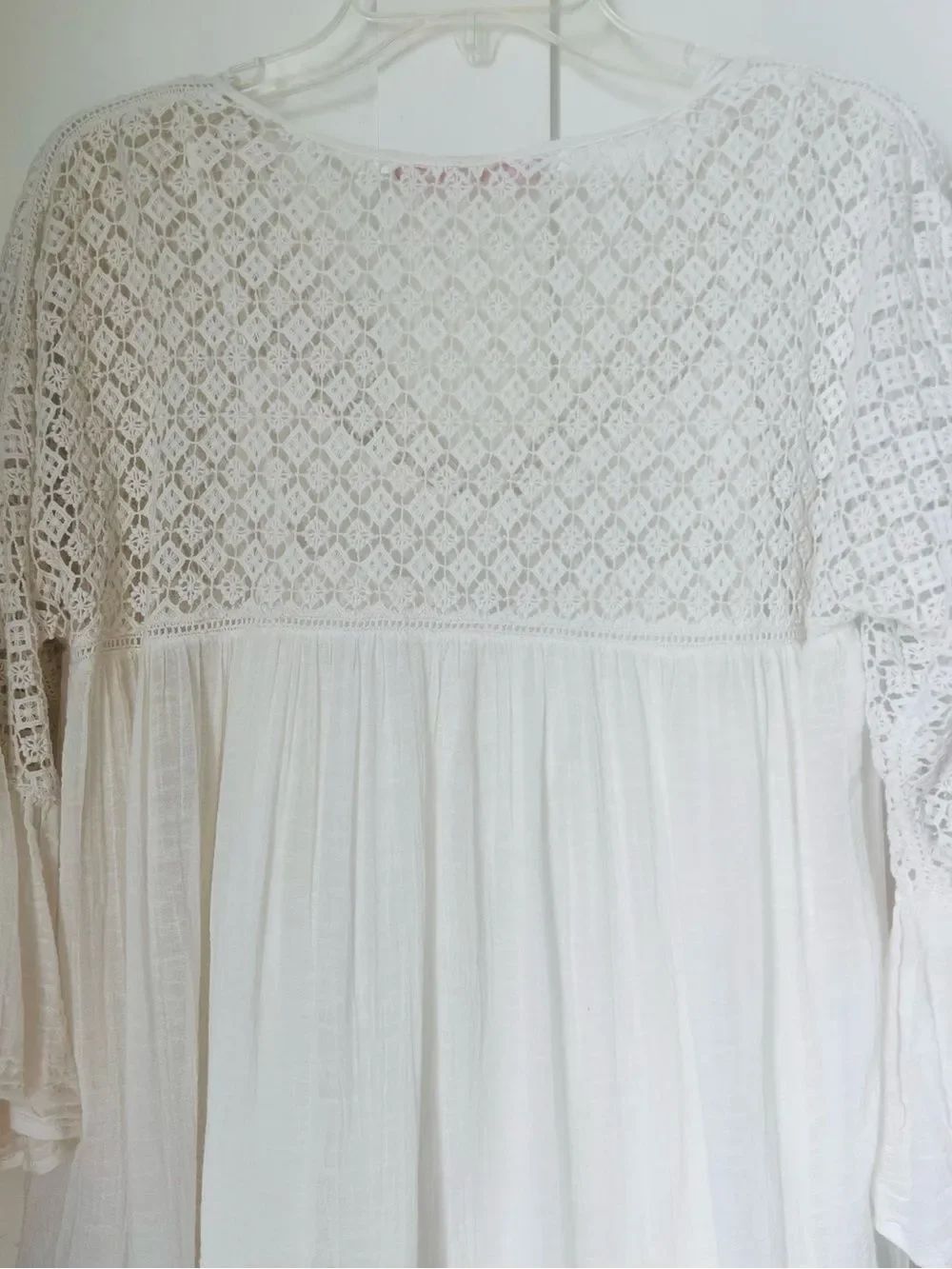 Zara 100% Cotton Cream Crochet BohoTunic Flowy Bell Sleeve Cottagecore Blouse XS - Picture 5 of 13